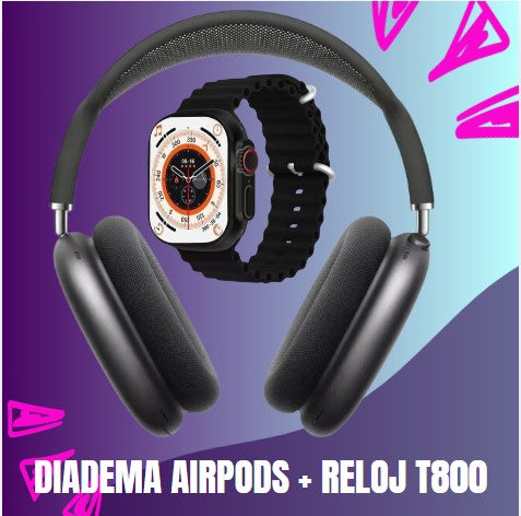 COMBO DIADEMA AIRPODS CON ESTUCHE + RELOJ T800